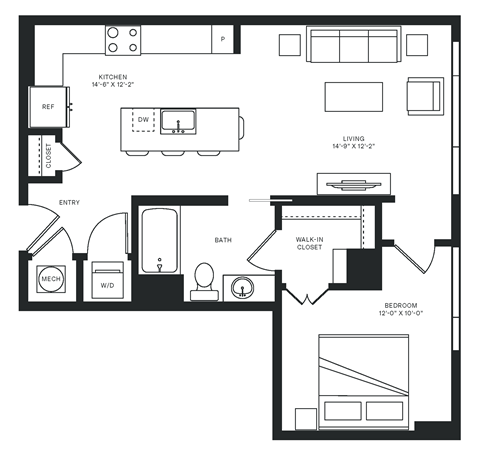 Floor plan for 1 bed, 1 bath, 755 sqft